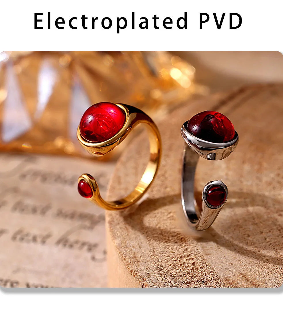 Garnet Red Stainless Steel Rings For Women Garnet Gold Plated Waterproof Round Ring Charm Luxury Jewelry Gift Wholesale