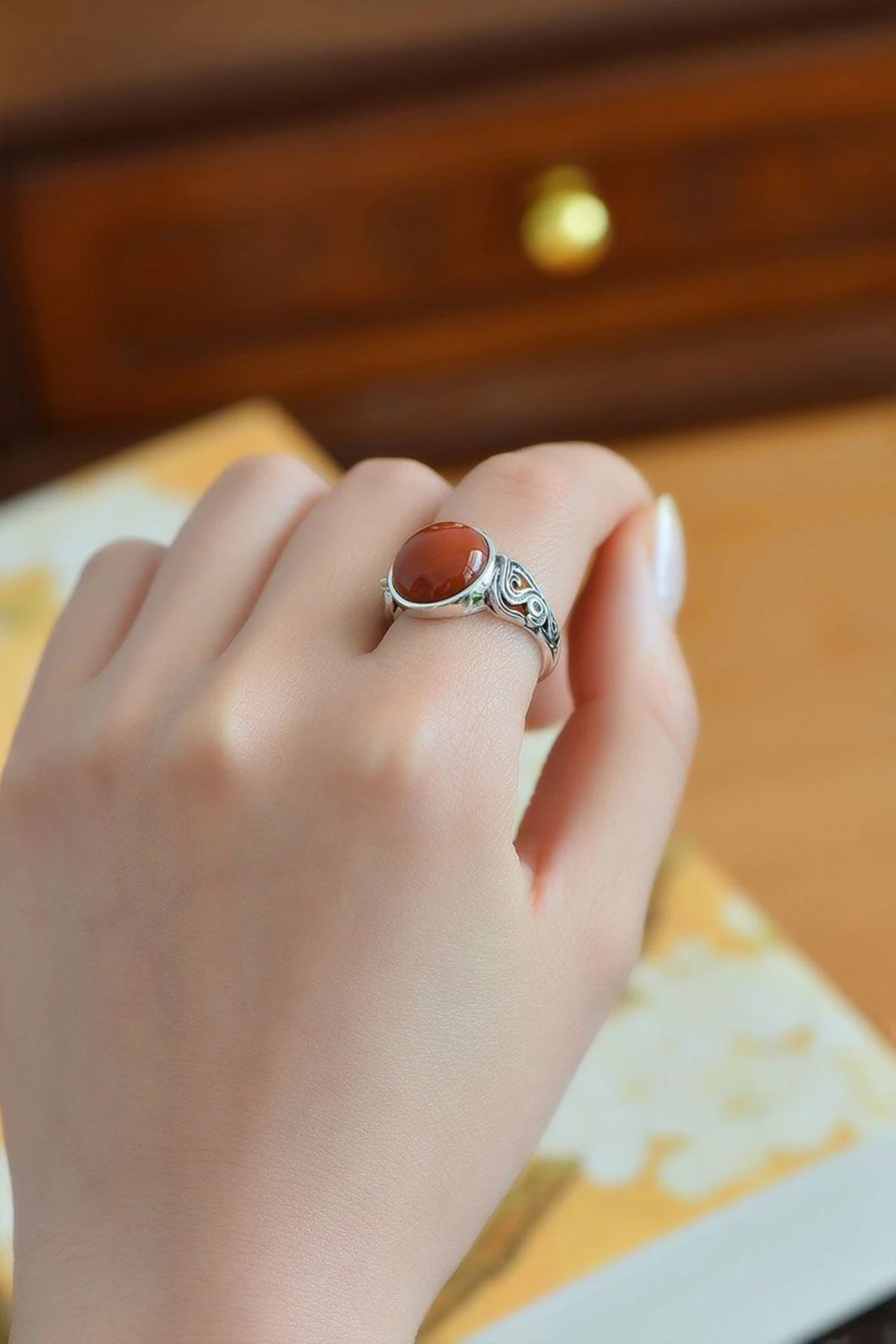 Vintage Ethnic Style Classic Southern Red Tourmaline Round Rings for Women Ring Banquet Party design Silver Jewelry gift