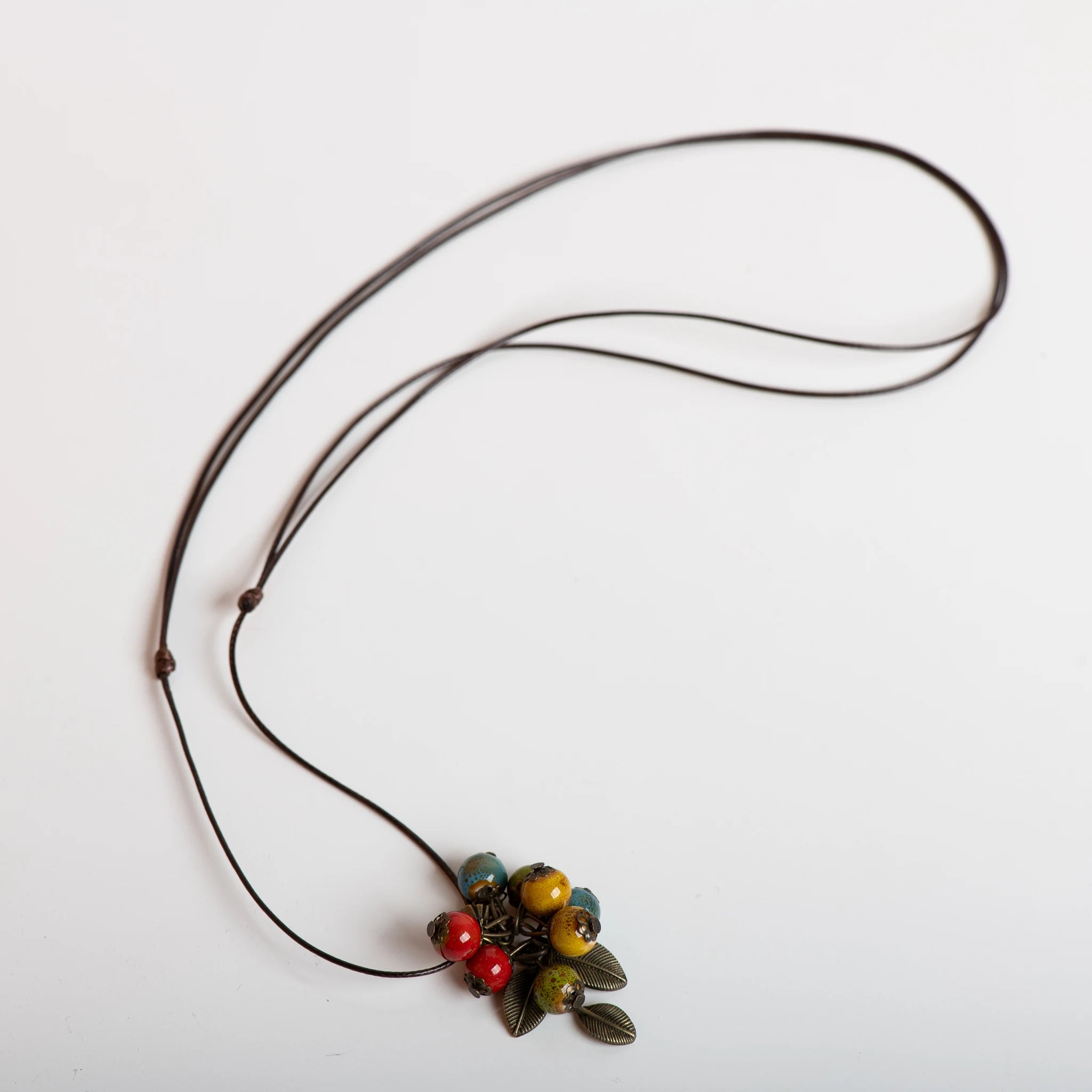 Handmade Adjustable Long Necklace Ceramic Beads Boho Style Pendant Multicolor Jewelry