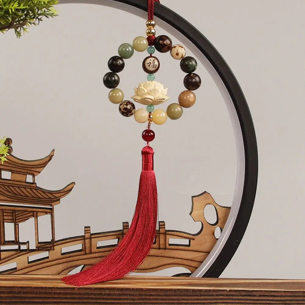 Wood Carved Bodhi Car Rearview Mirror Bodhi Pendant Bead Classical Lotus Statue Car Pendant Fengshui Lucky Home Decor