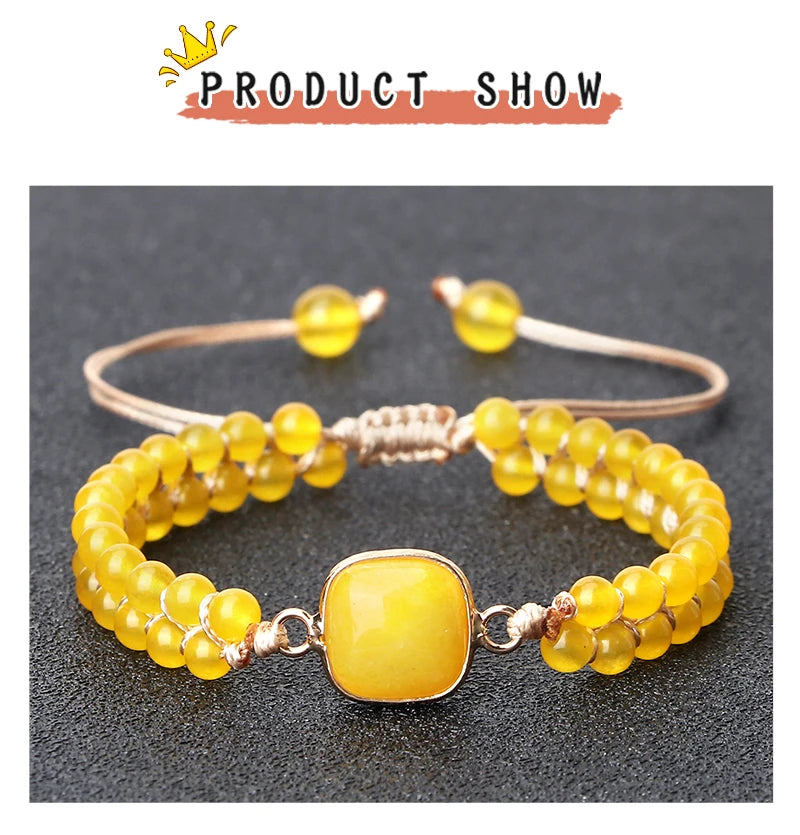 Natural Stone Pendant Bracelet Round Square Yellow Chalcedony 4mm Bead Braided Rope Fashion Charm Bangles For Woman Man Jewelry