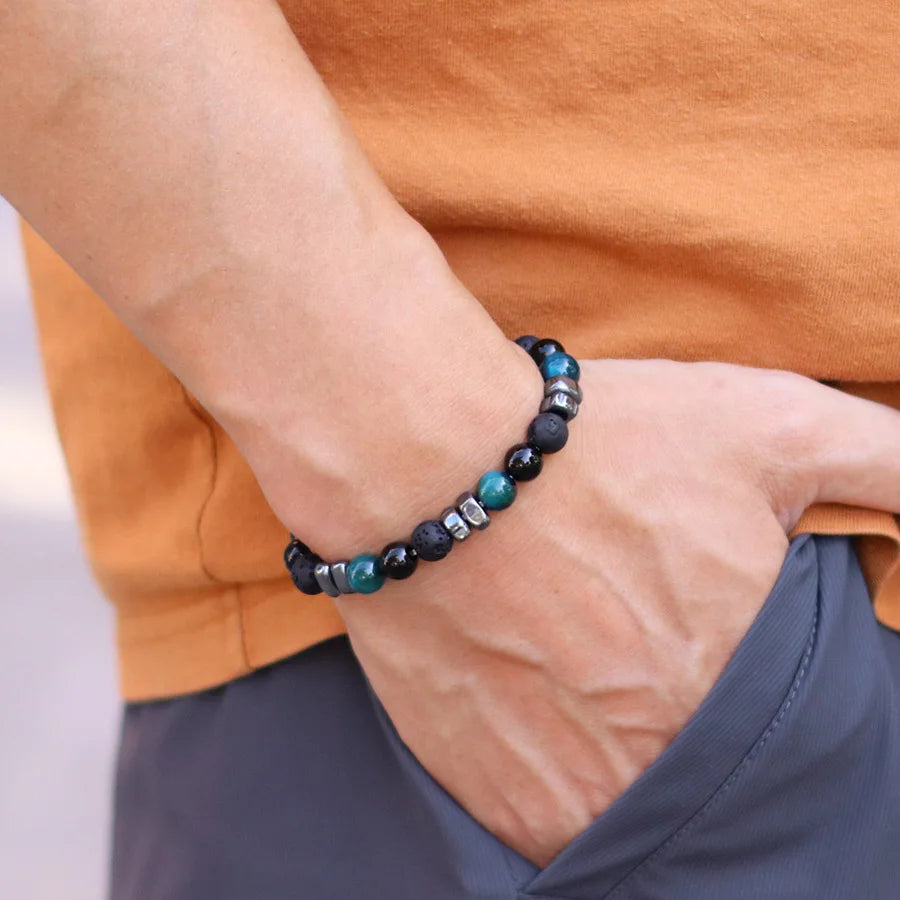 Natural Hematite Stone Beaded Bracelet Men Handmade Unfading Strand Braclet Jewelry  Healing Office Leisure Homme Accessories