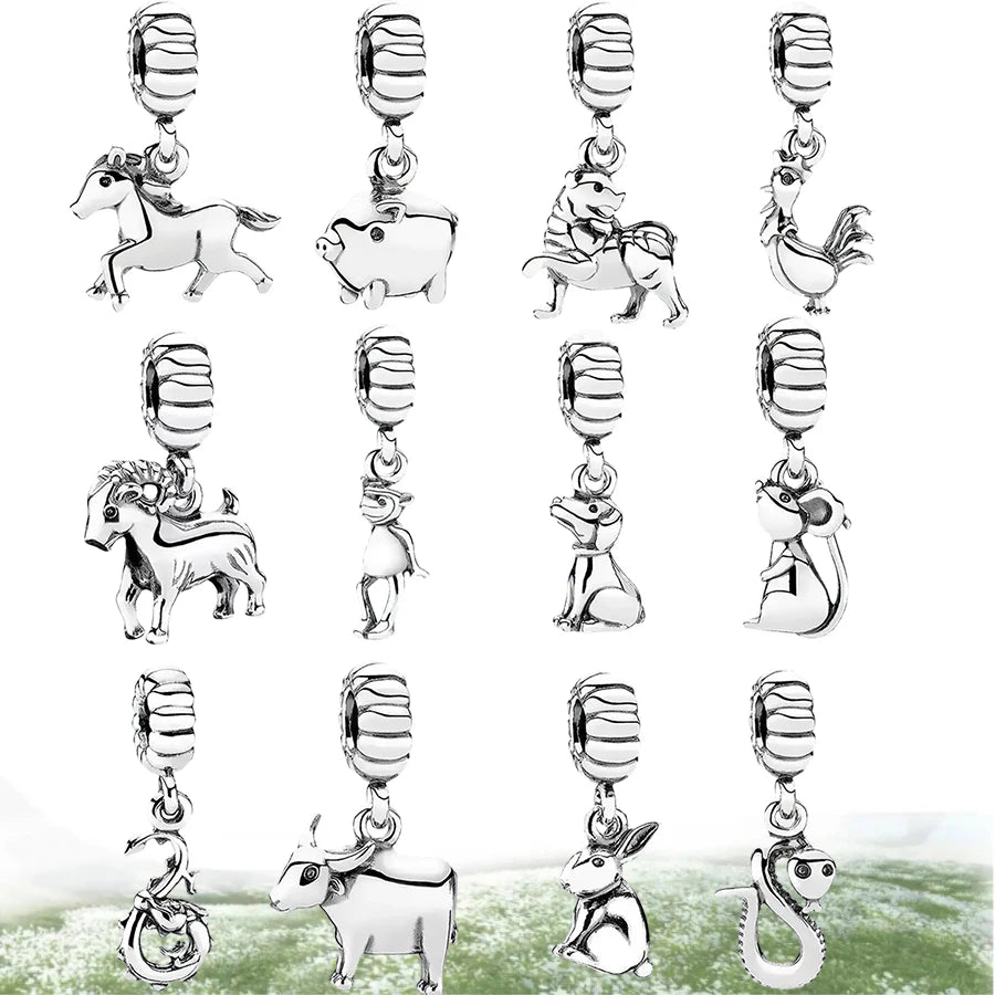 Hot Sale Chinese Zodiac Of The Year 12 Dangle Charms Beads Dogs、Horses、Tigers Fit Original Silver 925 Europeans Bracelet Jewelry