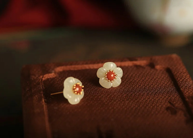Natural Hotan Jade White Flower earrings for women Vintage South Red Tourmaline Plum Blossom earings stud Chinese Style Jewelry