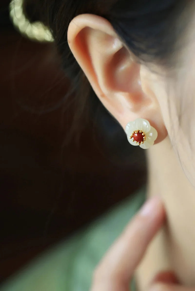Natural Hotan Jade White Flower earrings for women Vintage South Red Tourmaline Plum Blossom earings stud Chinese Style Jewelry