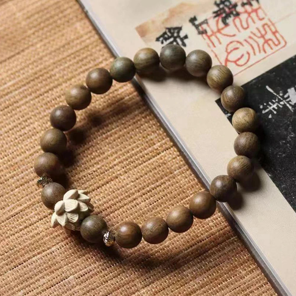 Sandalwood Wooden Beaded Bracelet Unisex's Peach Wood Lotus Carving Beads Bodhi Tibetan Buddhist Prayer Wrist Mala Bracelet