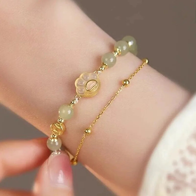VENTFILLE Gold Color For Women's Hetian Jade Bracelet Leaves Double Layer Jewelry Girls Gifts Dropshipping