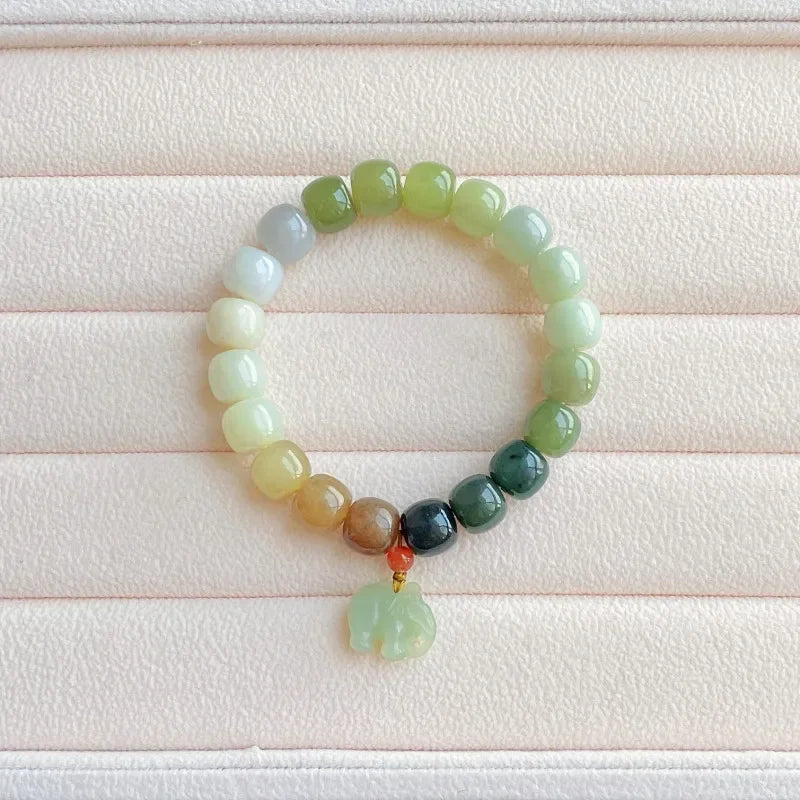 Handmade Hetian Jade Elephant Bracelet – Natural Gradient Qing Shui Nephrite Beads (Vintage Fine Jewelry)