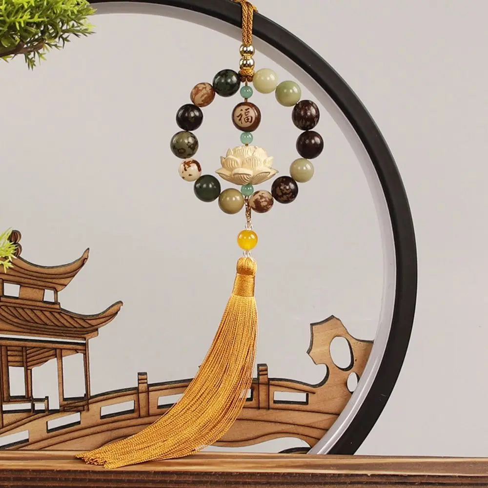 Wood Carved Bodhi Car Rearview Mirror Bodhi Pendant Bead Classical Lotus Statue Car Pendant Fengshui Lucky Home Decor