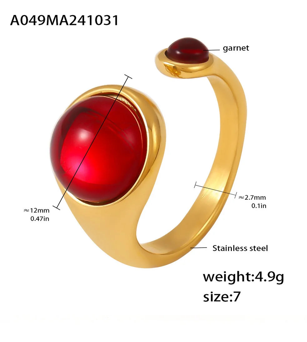 Garnet Red Stainless Steel Rings For Women Garnet Gold Plated Waterproof Round Ring Charm Luxury Jewelry Gift Wholesale