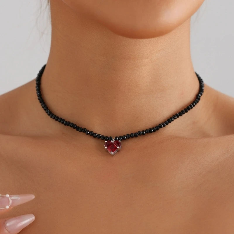 Black Crystal Beaded Heart Pendant Necklace Adjustable Length Neckchain Stylish Choker Women Accessory Fashion Jewelry
