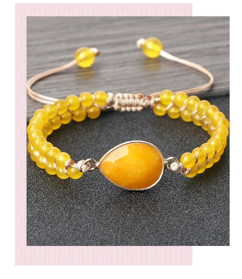 Natural Stone Pendant Bracelet Round Square Yellow Chalcedony 4mm Bead Braided Rope Fashion Charm Bangles For Woman Man Jewelry