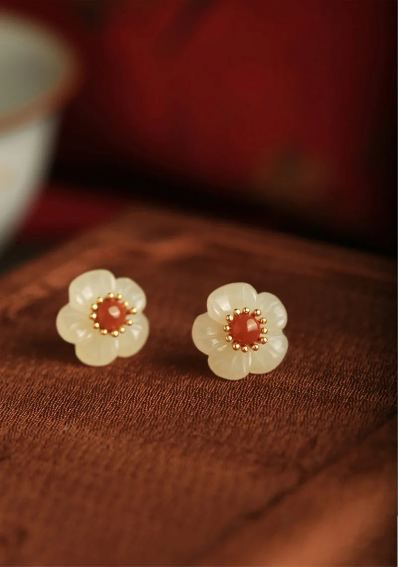 Natural Hotan Jade White Flower earrings for women Vintage South Red Tourmaline Plum Blossom earings stud Chinese Style Jewelry