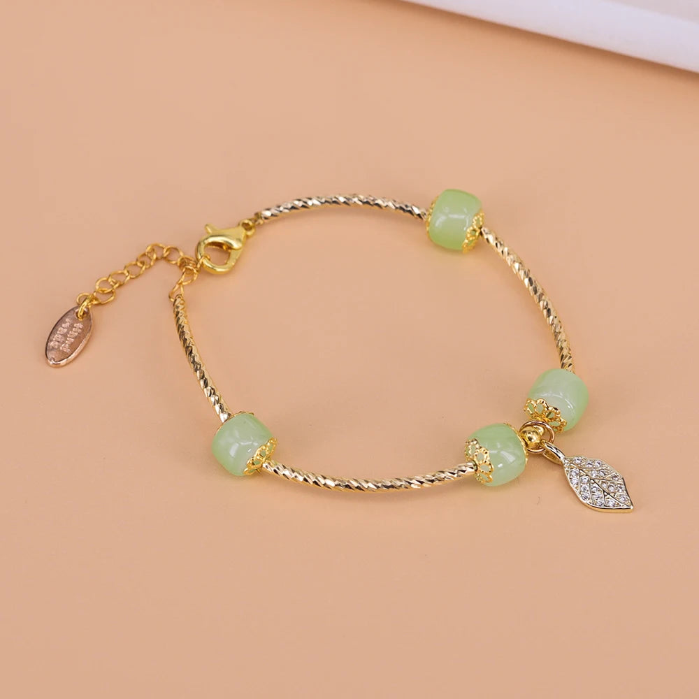 VENTFILLE Gold Color For Women's Hetian Jade Bracelet Leaves Double Layer Jewelry Girls Gifts Dropshipping