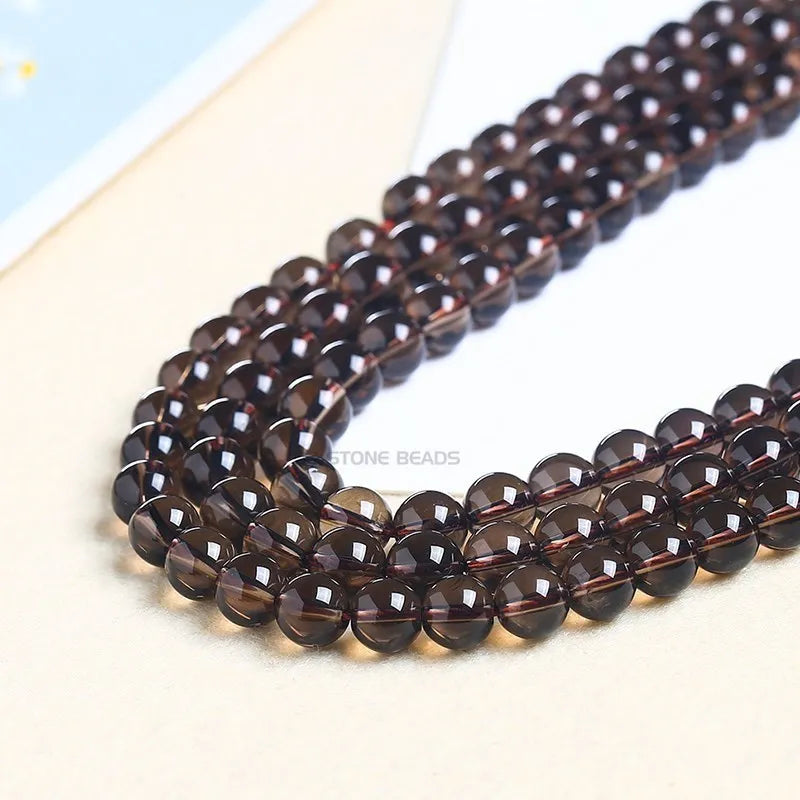 خرز كريستالي دائري ناعم وشفاف من الكوارتز الدخاني الطبيعي الأصلي، خرز فاصل فضفاض لصنع المجوهرات وإكسسوارات القلائد والأساور