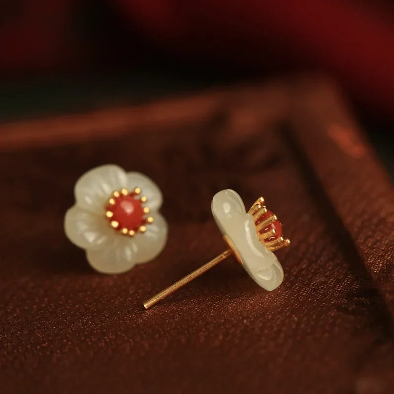 Natural Hotan Jade White Flower earrings for women Vintage South Red Tourmaline Plum Blossom earings stud Chinese Style Jewelry