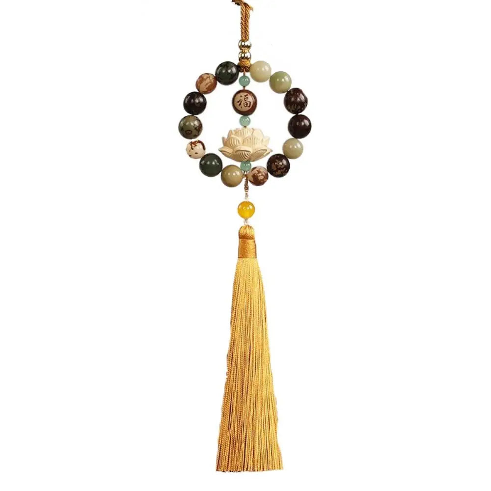 Wood Carved Bodhi Car Rearview Mirror Bodhi Pendant Bead Classical Lotus Statue Car Pendant Fengshui Lucky Home Decor