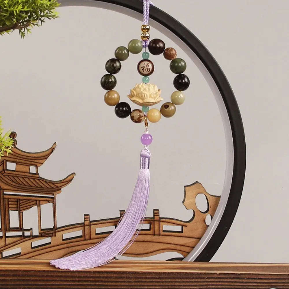 Wood Carved Bodhi Car Rearview Mirror Bodhi Pendant Bead Classical Lotus Statue Car Pendant Fengshui Lucky Home Decor