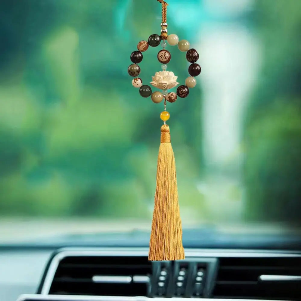 Wood Carved Bodhi Car Rearview Mirror Bodhi Pendant Bead Classical Lotus Statue Car Pendant Fengshui Lucky Home Decor
