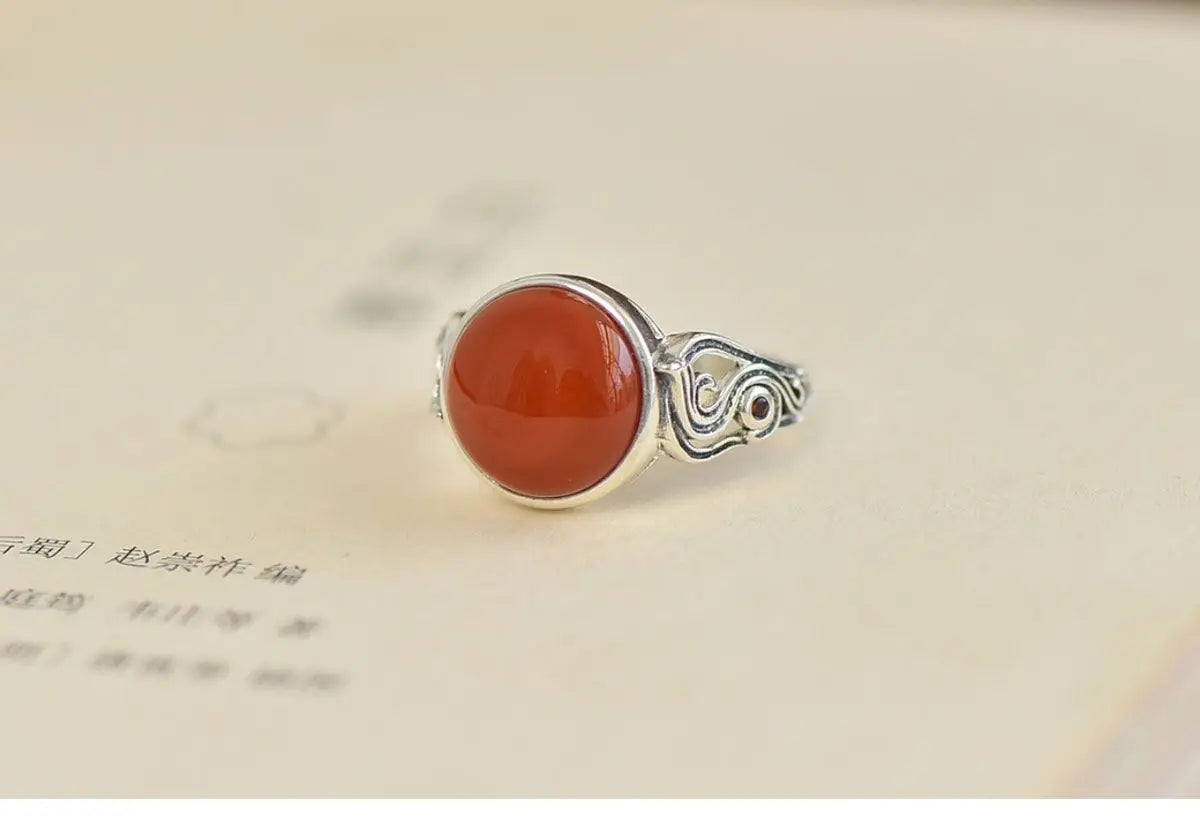 Vintage Ethnic Style Classic Southern Red Tourmaline Round Rings for Women Ring Banquet Party design Silver Jewelry gift