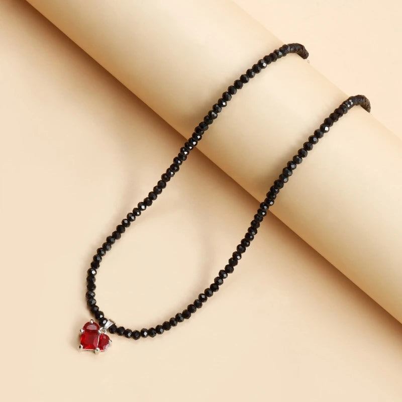 Black Crystal Beaded Heart Pendant Necklace Adjustable Length Neckchain Stylish Choker Women Accessory Fashion Jewelry
