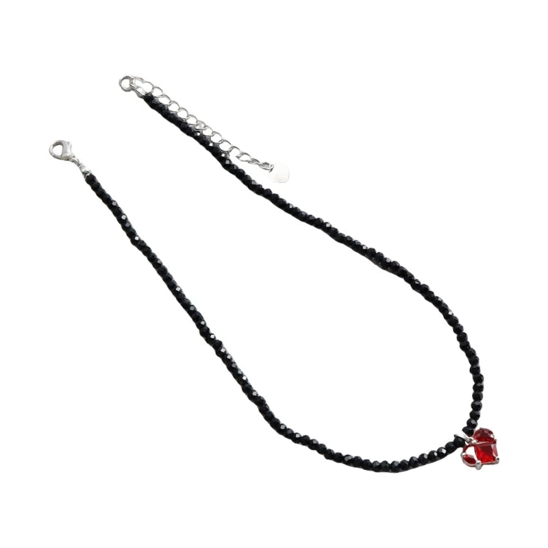 Black Crystal Beaded Heart Pendant Necklace Adjustable Length Neckchain Stylish Choker Women Accessory Fashion Jewelry