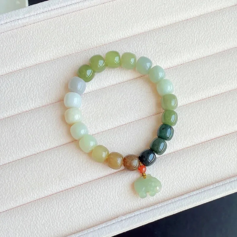 Handmade Hetian Jade Elephant Bracelet – Natural Gradient Qing Shui Nephrite Beads (Vintage Fine Jewelry)