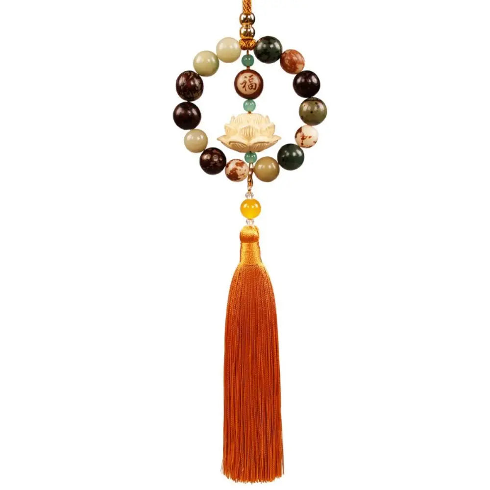 Wood Carved Bodhi Car Rearview Mirror Bodhi Pendant Bead Classical Lotus Statue Car Pendant Fengshui Lucky Home Decor