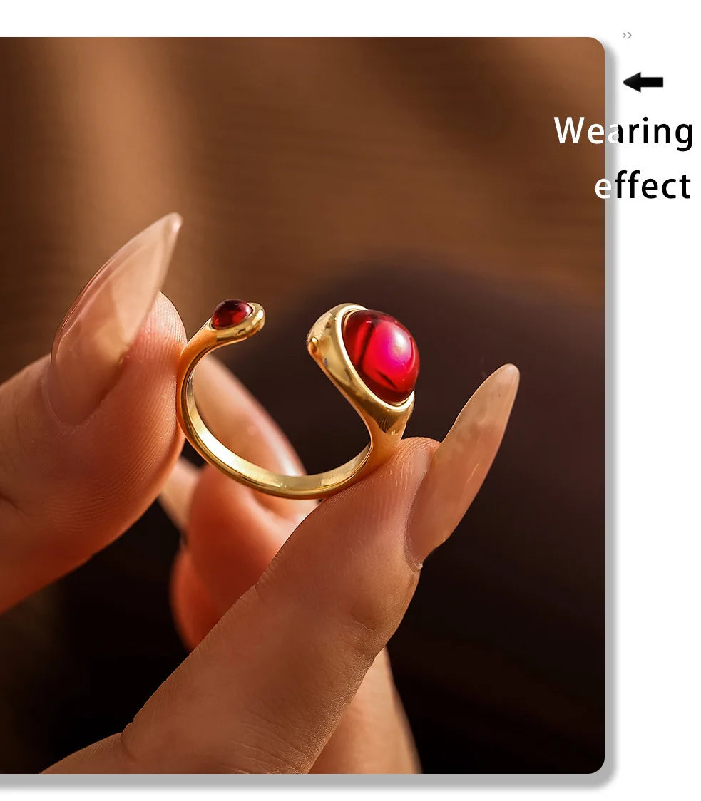Garnet Red Stainless Steel Rings For Women Garnet Gold Plated Waterproof Round Ring Charm Luxury Jewelry Gift Wholesale