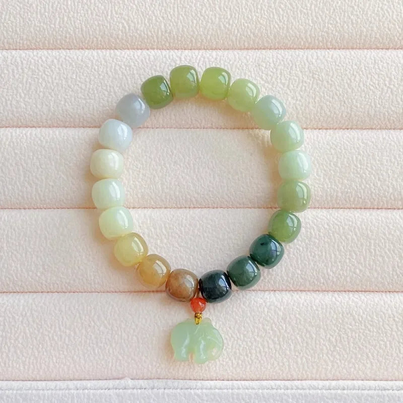 Handmade Hetian Jade Elephant Bracelet – Natural Gradient Qing Shui Nephrite Beads (Vintage Fine Jewelry)