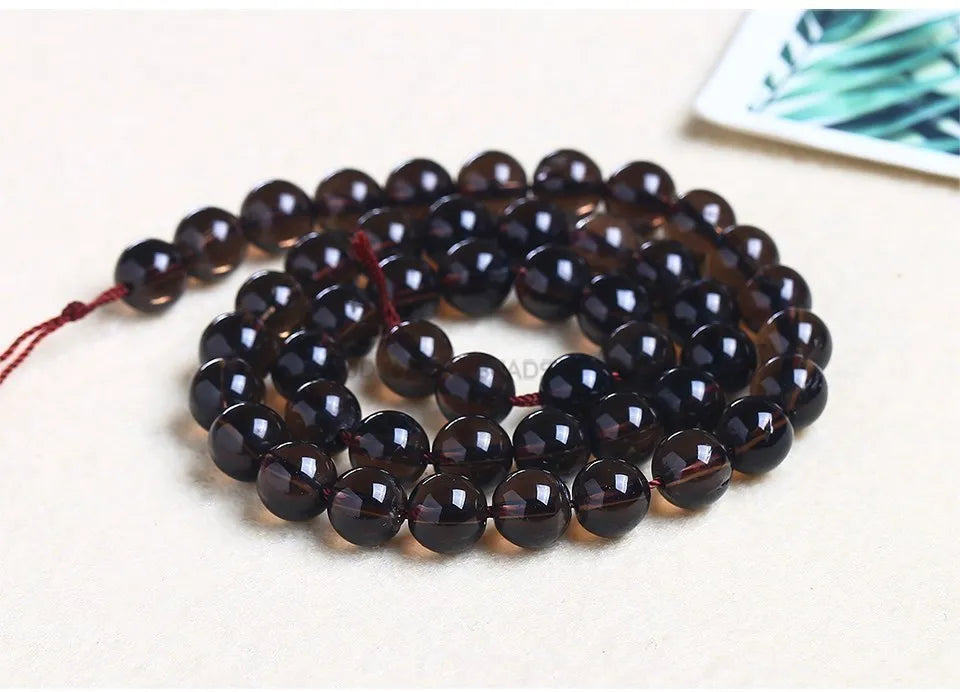 خرز كريستالي دائري ناعم وشفاف من الكوارتز الدخاني الطبيعي الأصلي، خرز فاصل فضفاض لصنع المجوهرات وإكسسوارات القلائد والأساور