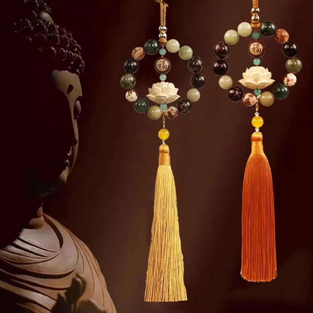 Wood Carved Bodhi Car Rearview Mirror Bodhi Pendant Bead Classical Lotus Statue Car Pendant Fengshui Lucky Home Decor