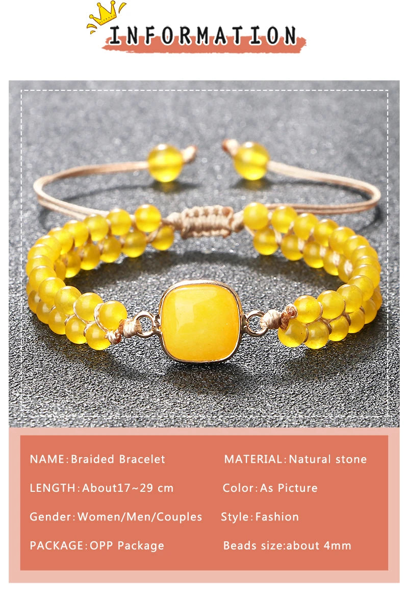 Natural Stone Pendant Bracelet Round Square Yellow Chalcedony 4mm Bead Braided Rope Fashion Charm Bangles For Woman Man Jewelry