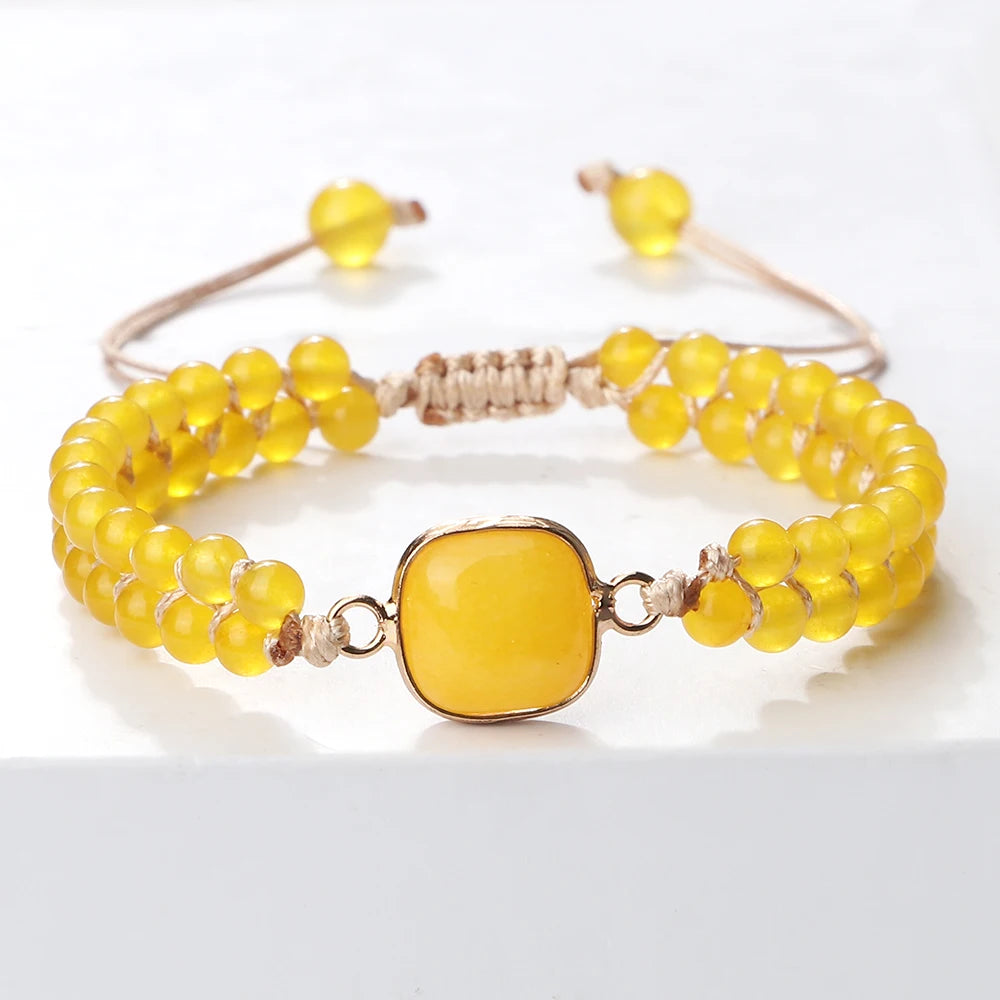 Natural Stone Pendant Bracelet Round Square Yellow Chalcedony 4mm Bead Braided Rope Fashion Charm Bangles For Woman Man Jewelry