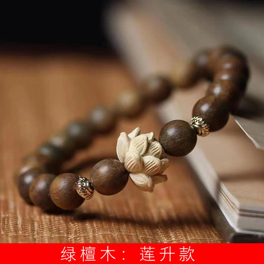 Sandalwood Wooden Beaded Bracelet Unisex's Peach Wood Lotus Carving Beads Bodhi Tibetan Buddhist Prayer Wrist Mala Bracelet