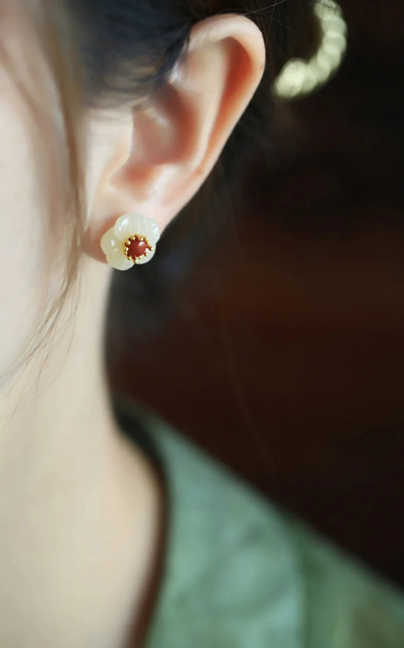 Natural Hotan Jade White Flower earrings for women Vintage South Red Tourmaline Plum Blossom earings stud Chinese Style Jewelry