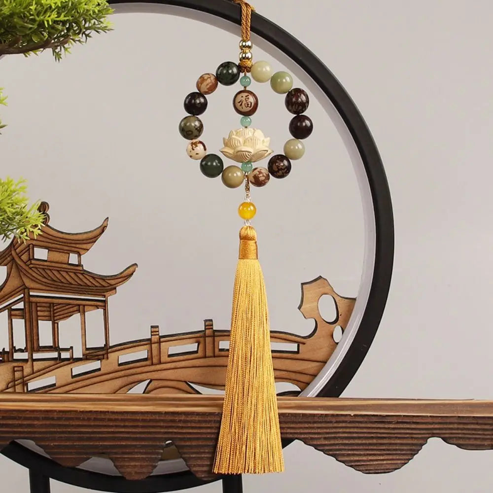 Wood Carved Bodhi Car Rearview Mirror Bodhi Pendant Bead Classical Lotus Statue Car Pendant Fengshui Lucky Home Decor