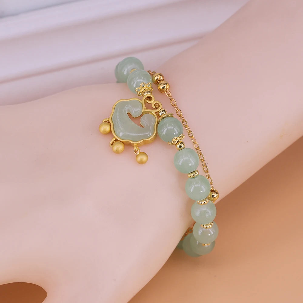 VENTFILLE Gold Color For Women's Hetian Jade Bracelet Leaves Double Layer Jewelry Girls Gifts Dropshipping