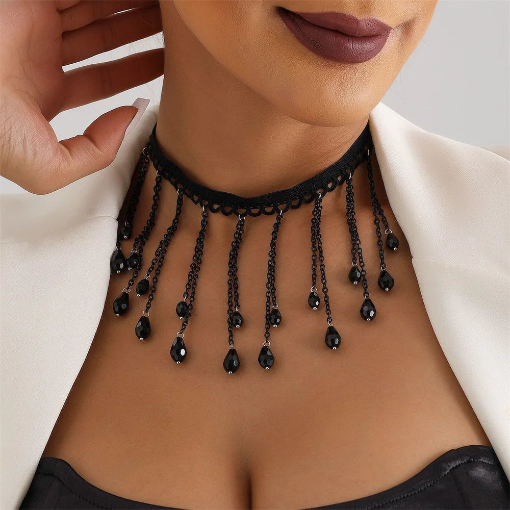 Black Crystal Gothic Feng Shui Drip Tassel Necklace Lolita Lace Neckchain Necklace Ornament