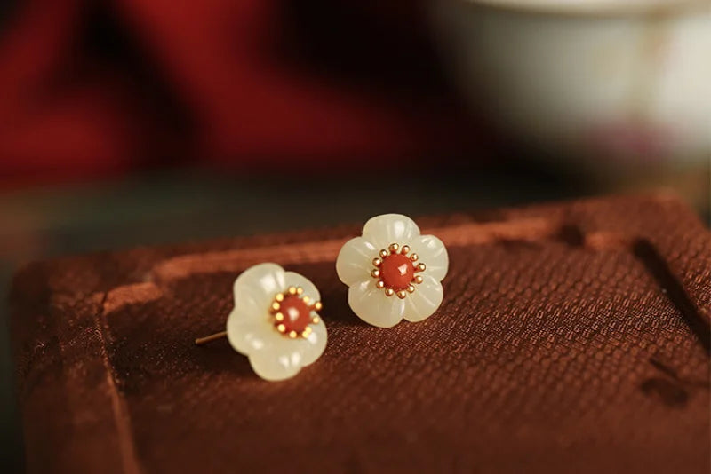 Natural Hotan Jade White Flower earrings for women Vintage South Red Tourmaline Plum Blossom earings stud Chinese Style Jewelry