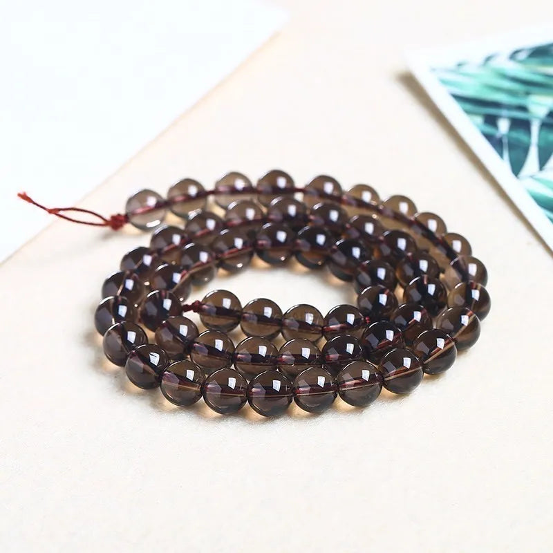 خرز كريستالي دائري ناعم وشفاف من الكوارتز الدخاني الطبيعي الأصلي، خرز فاصل فضفاض لصنع المجوهرات وإكسسوارات القلائد والأساور