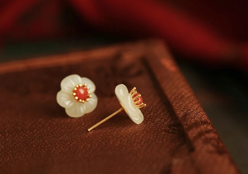 Natural Hotan Jade White Flower earrings for women Vintage South Red Tourmaline Plum Blossom earings stud Chinese Style Jewelry