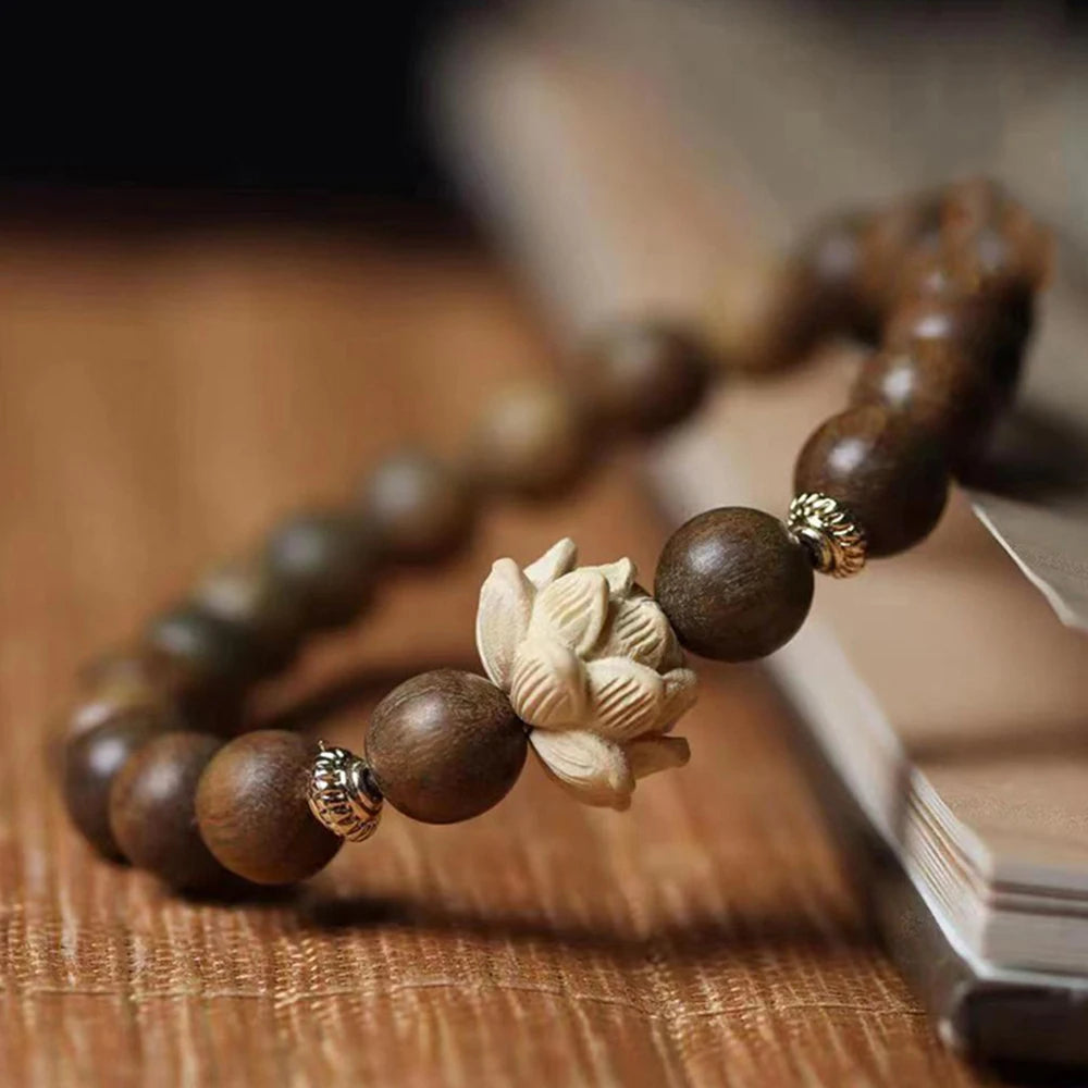 Sandalwood Wooden Beaded Bracelet Unisex's Peach Wood Lotus Carving Beads Bodhi Tibetan Buddhist Prayer Wrist Mala Bracelet