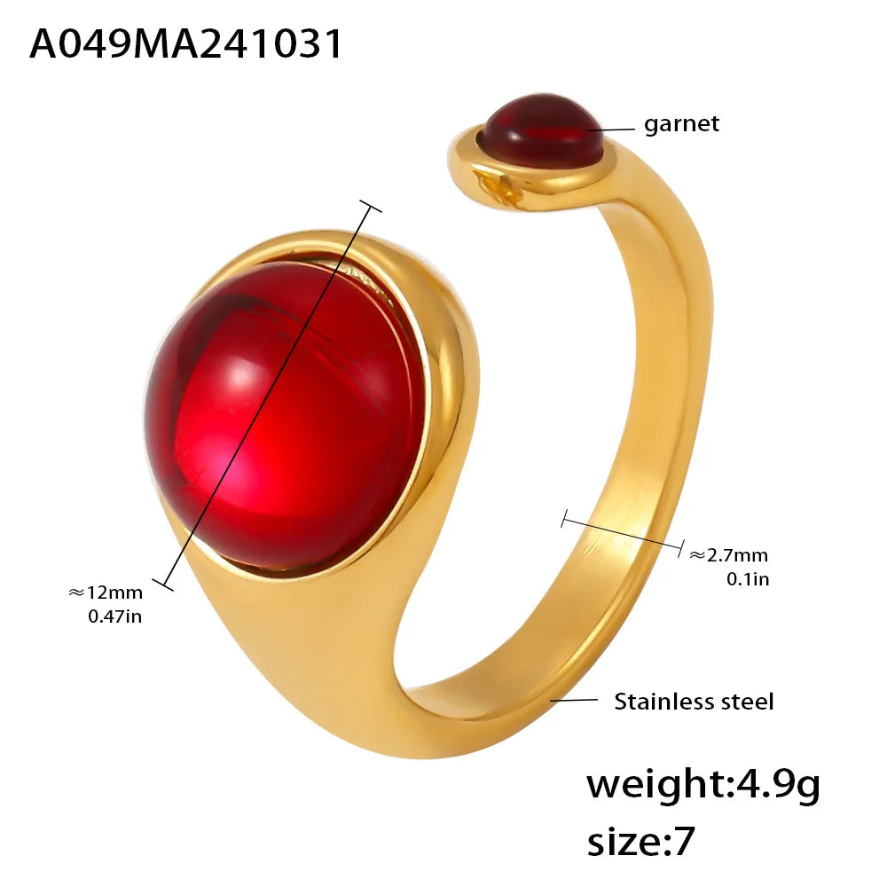 Garnet Red Stainless Steel Rings For Women Garnet Gold Plated Waterproof Round Ring Charm Luxury Jewelry Gift Wholesale