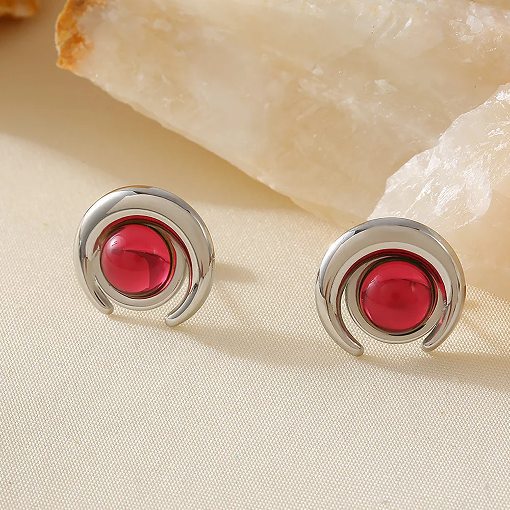 Garnet Red Stainless Steel Rings For Women Garnet Gold Plated Waterproof Round Ring Charm Luxury Jewelry Gift Wholesale