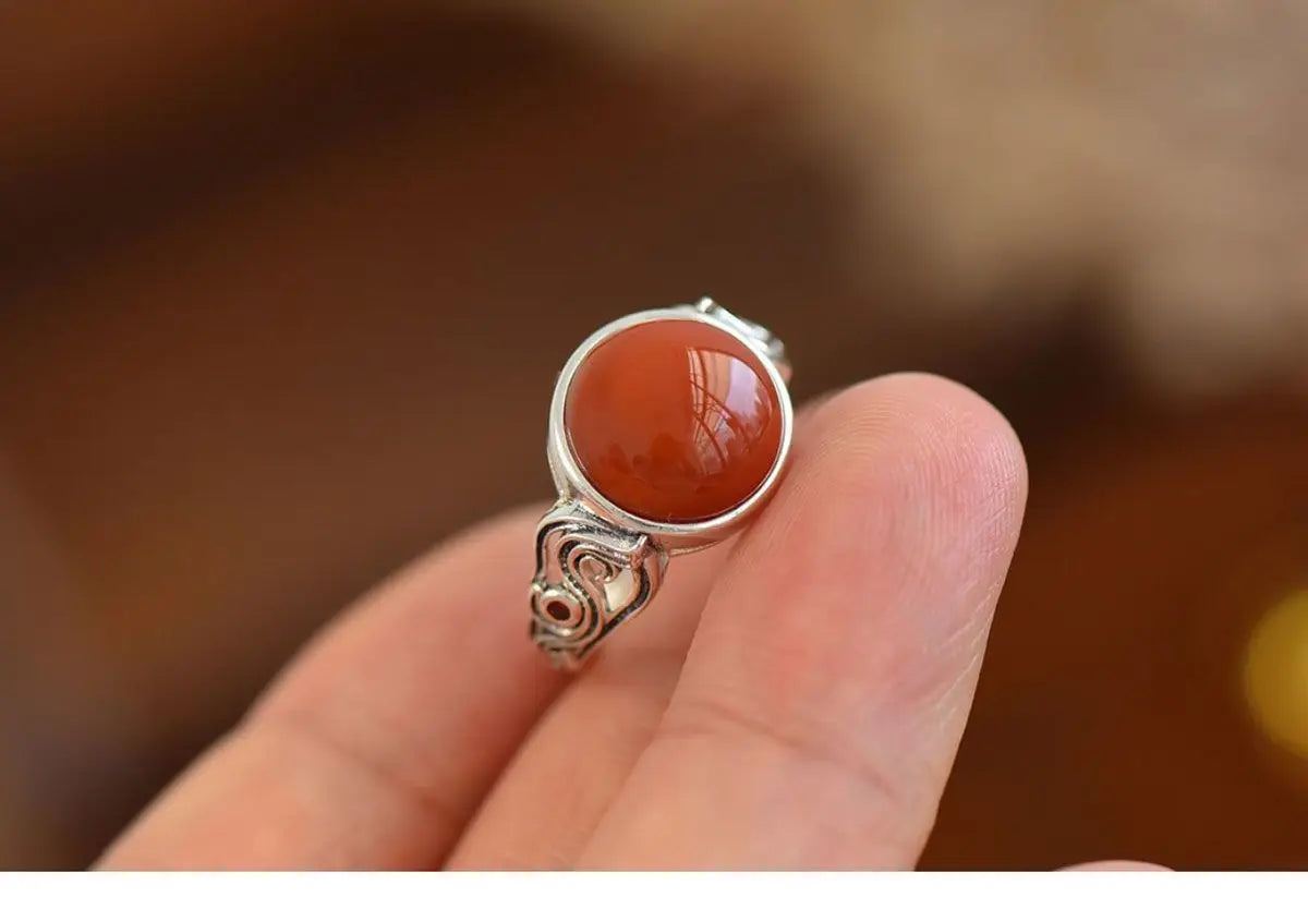 Vintage Ethnic Style Classic Southern Red Tourmaline Round Rings for Women Ring Banquet Party design Silver Jewelry gift