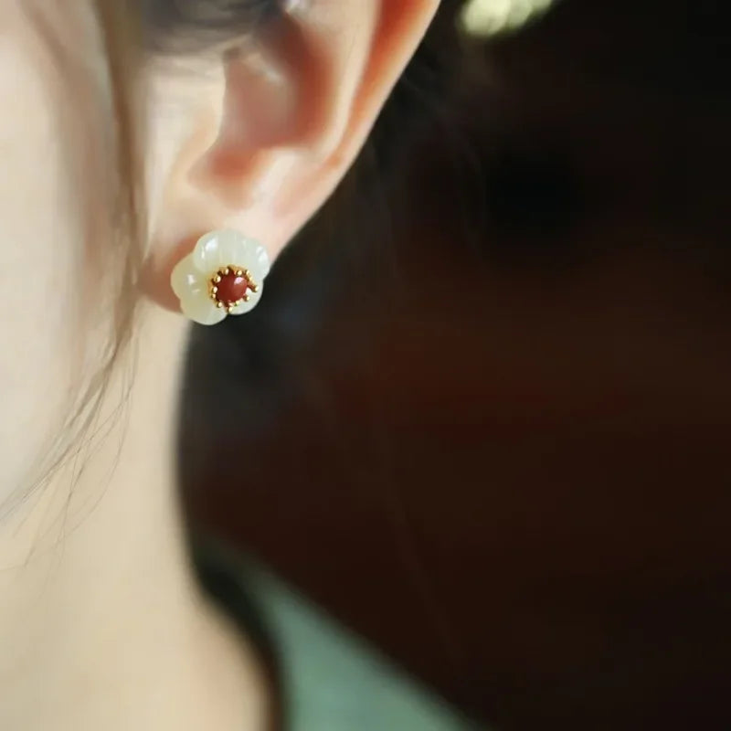 Natural Hotan Jade White Flower earrings for women Vintage South Red Tourmaline Plum Blossom earings stud Chinese Style Jewelry