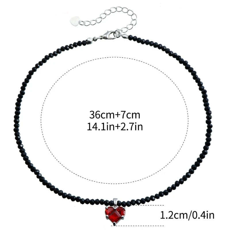Black Crystal Beaded Heart Pendant Necklace Adjustable Length Neckchain Stylish Choker Women Accessory Fashion Jewelry