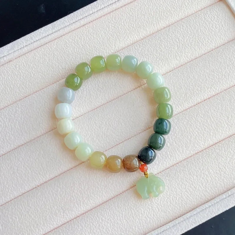 Handmade Hetian Jade Elephant Bracelet – Natural Gradient Qing Shui Nephrite Beads (Vintage Fine Jewelry)