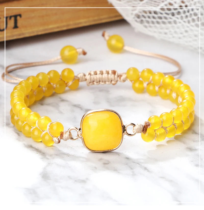 Natural Stone Pendant Bracelet Round Square Yellow Chalcedony 4mm Bead Braided Rope Fashion Charm Bangles For Woman Man Jewelry